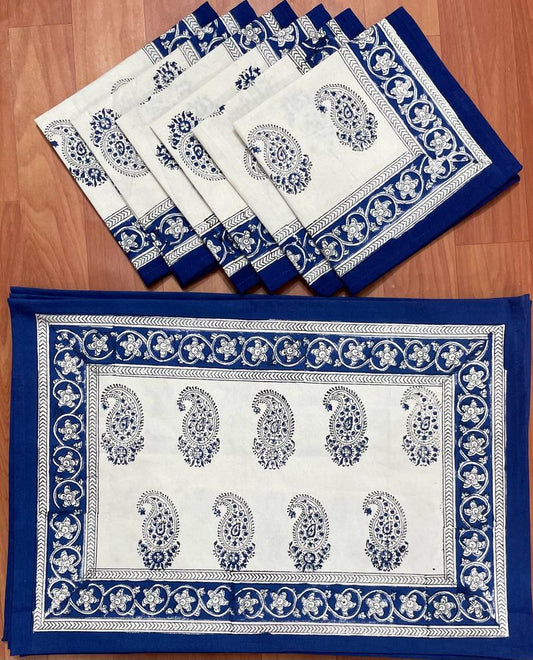 Blue Marwar Booti Handblock Printed Canvas Cotton Table Mate + Napkin (Set of 12 pcs)