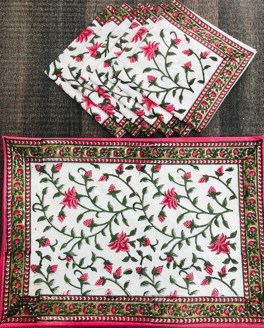 Handblock Printed Floral Pink Canvas Cotton Table Mate + Napkin (Set of 12 pcs)