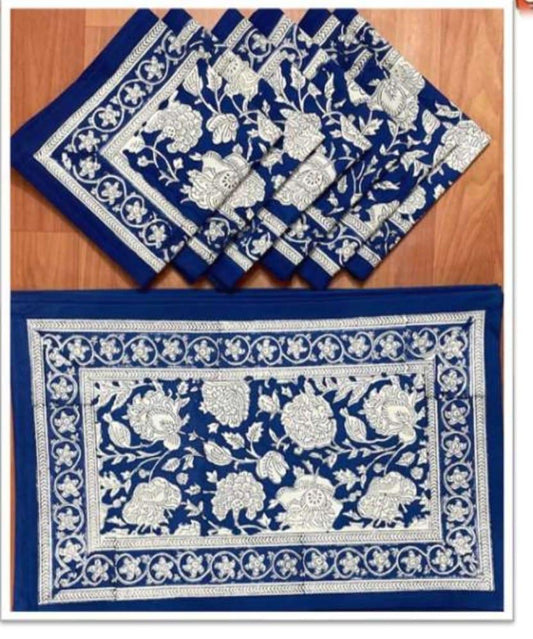 Handblock Printed Blue Boho Canvas Cotton Table Mate + Napkin (Set of 12 pcs)