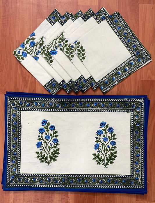 Handblock Printed Blue Mahrab Canvas Cotton Table Mate + Napkin (Set of 12 pcs)