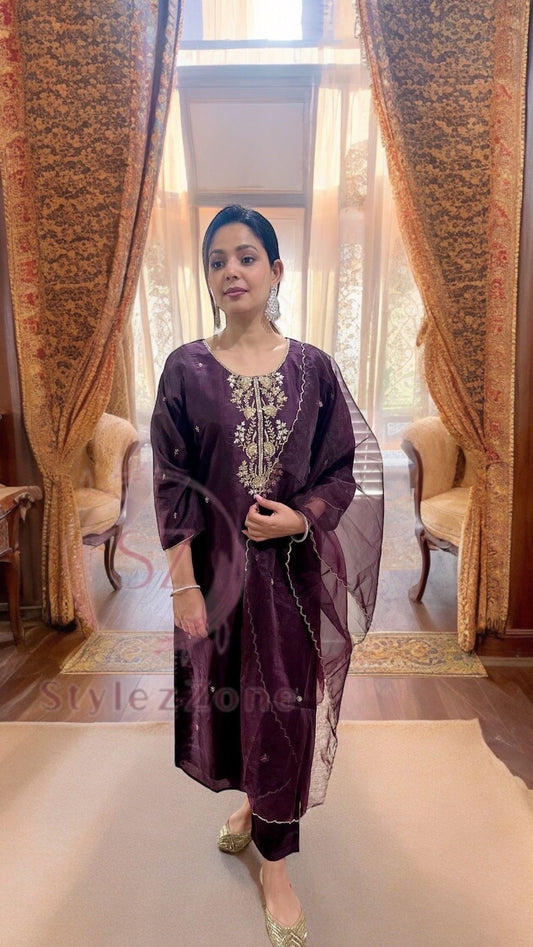 Purple Chanderi Silk Suit with golden zardosi work