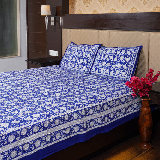 Blue Hand Block Printed Pure Cotton Bedsheet King Size/ Queen Size Bedsheets / 100 % Organic Cotton