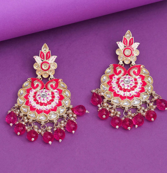 Pink Color Kundan Meenakari Earrings