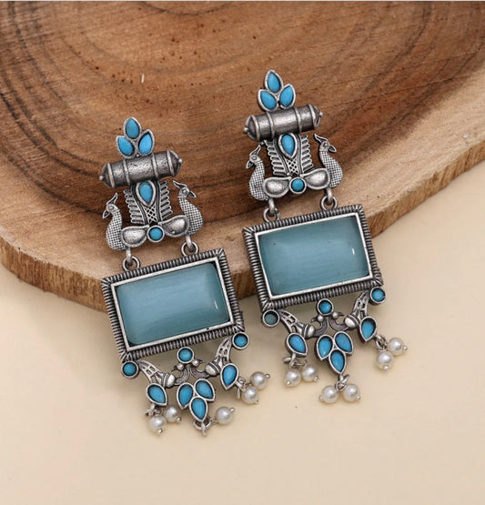 Sky Blue Color Monalisa Stone Oxidised Earrings