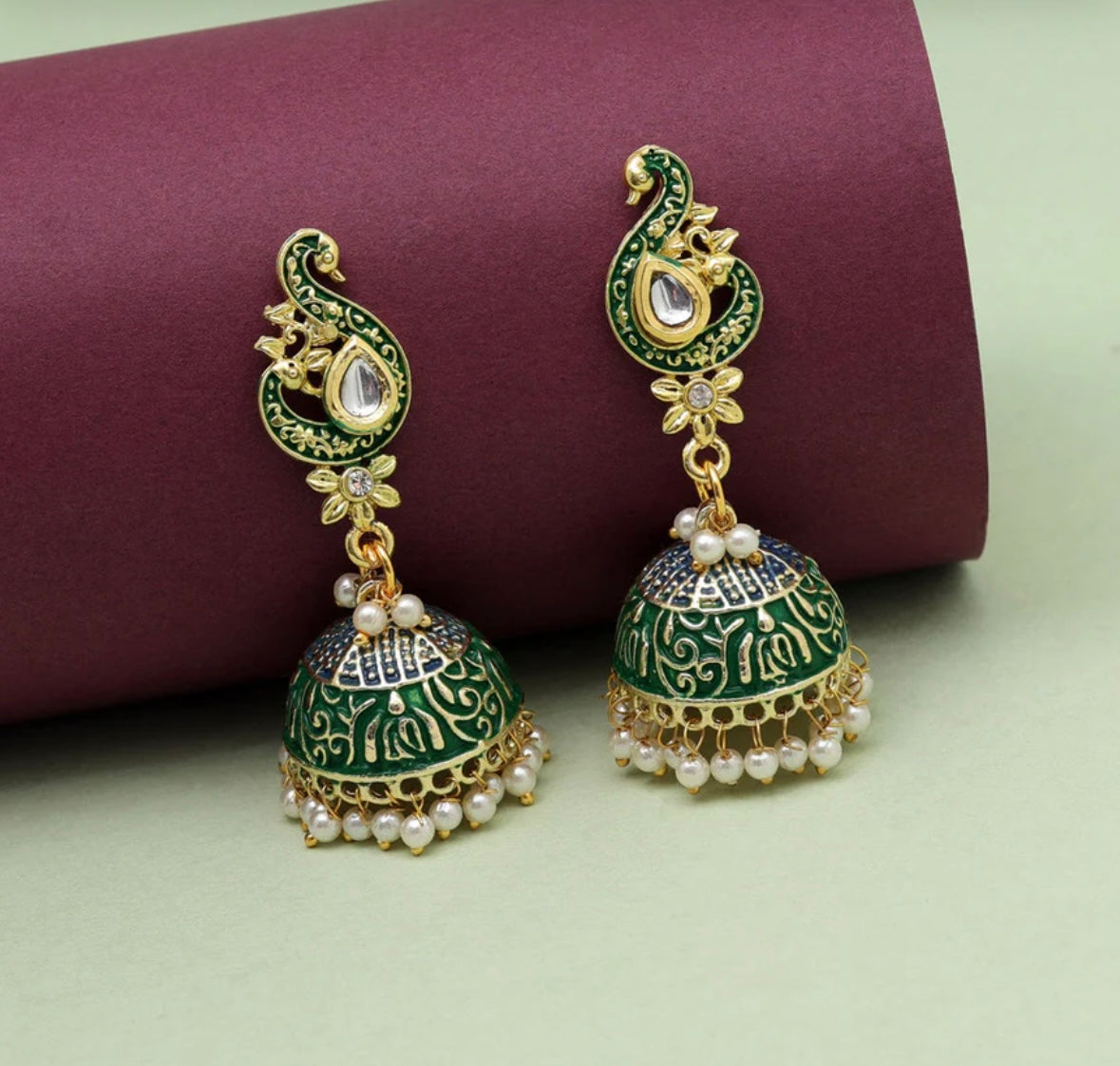 Green Color Mint Meena Earrings