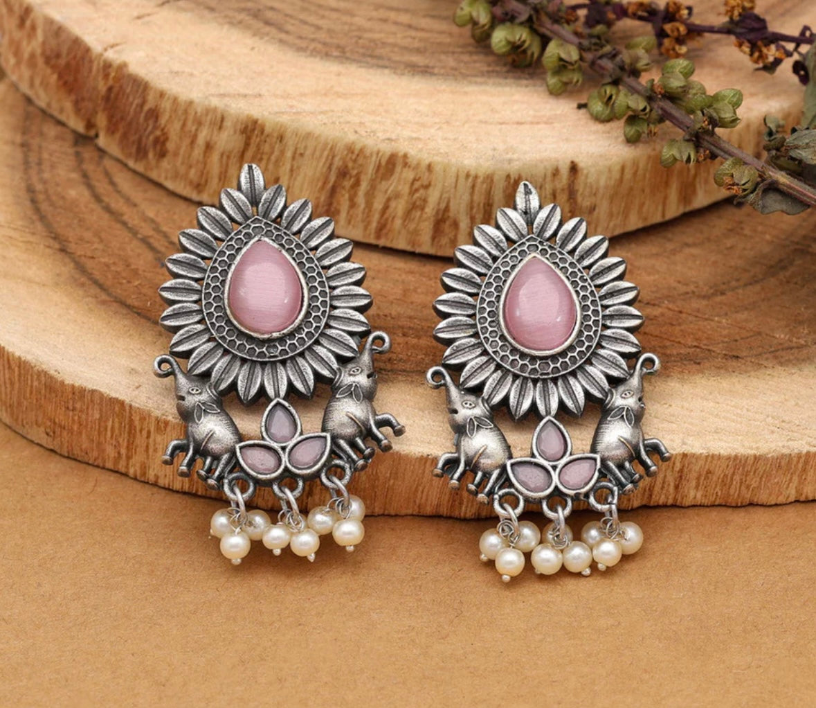 Pink Color Monalisa Stone Oxidised Earrings