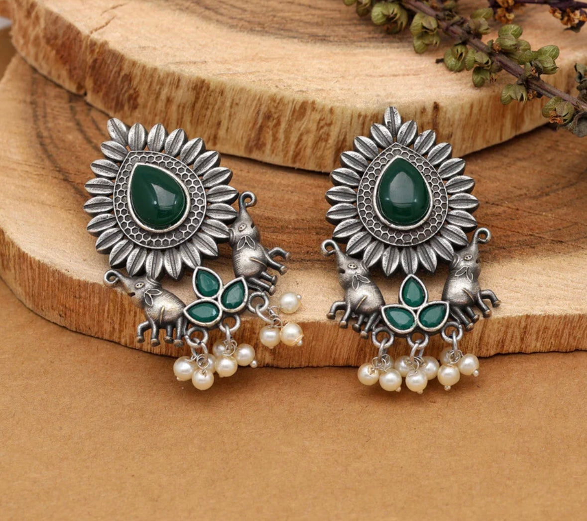 Bottle Green Color Monalisa Stone Oxidised Earrings