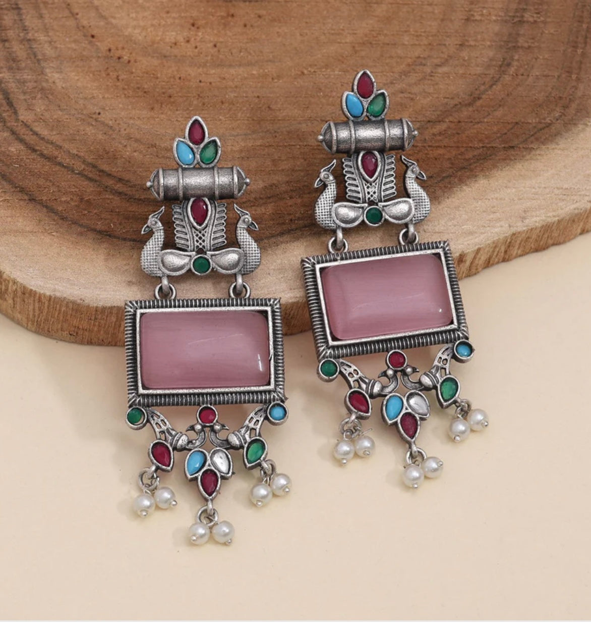 Pink Color Monalisa Stone Oxidised Earrings