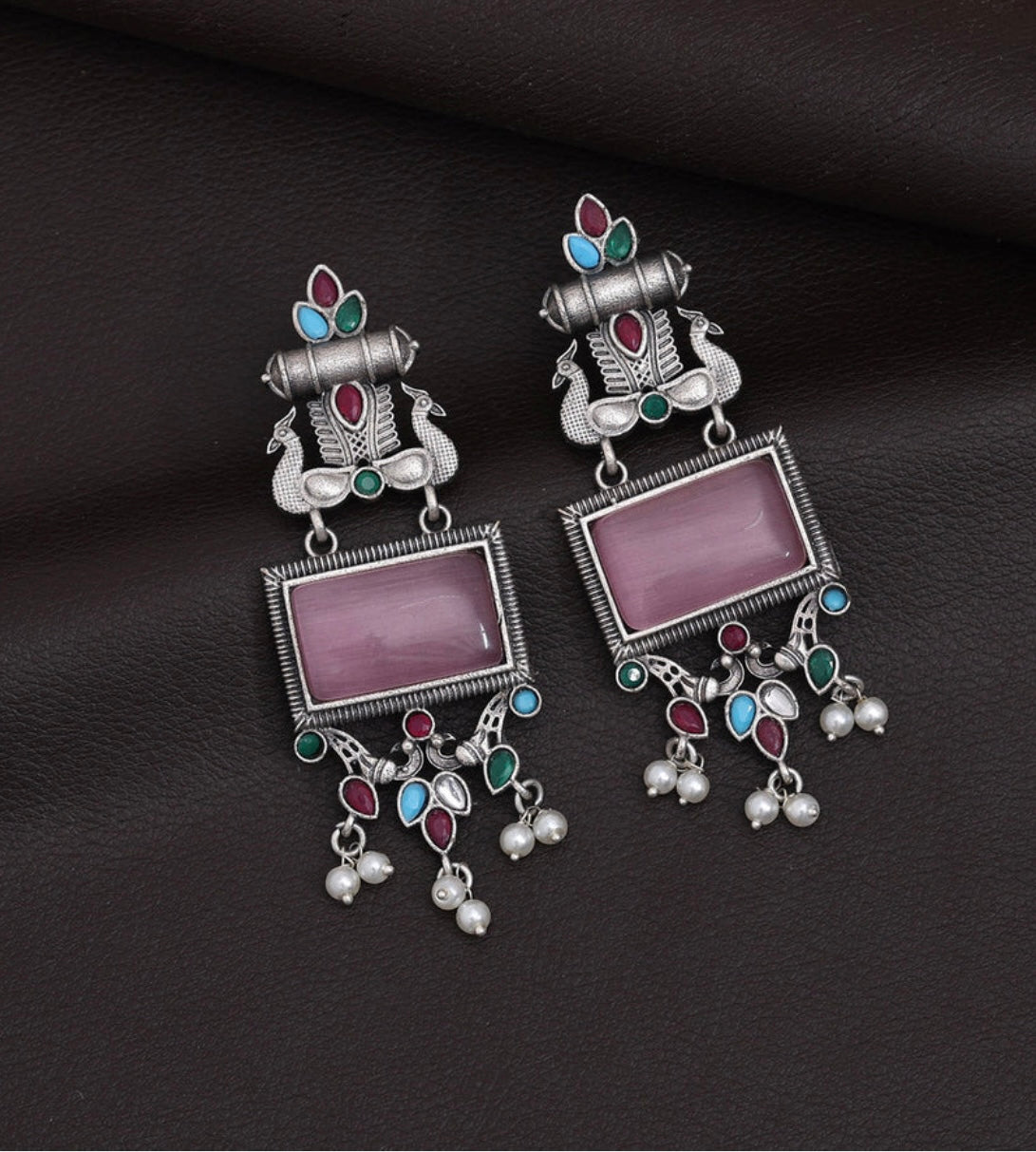 Pink Color Monalisa Stone Oxidised Earrings