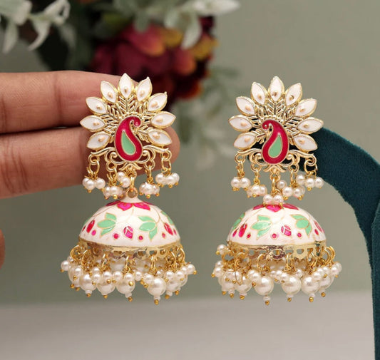 White Color Meenakari Earrings