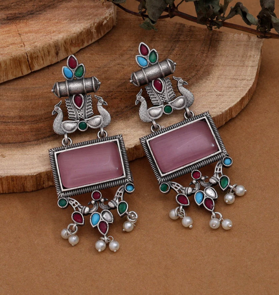 Pink Color Monalisa Stone Oxidised Earrings