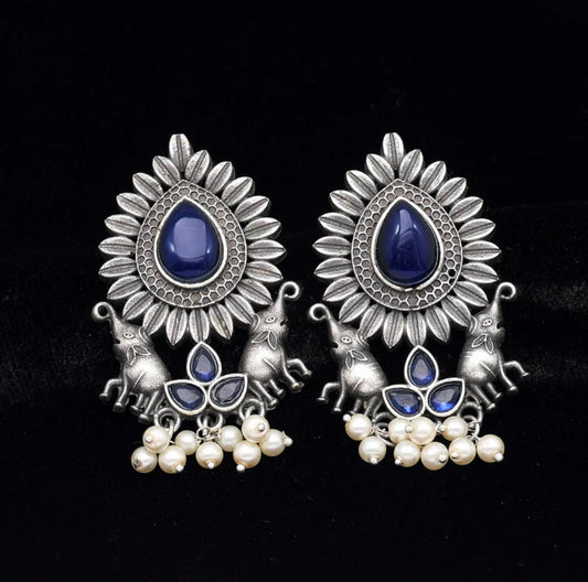 Blue Color Monalisa Stone Oxidised Earrings