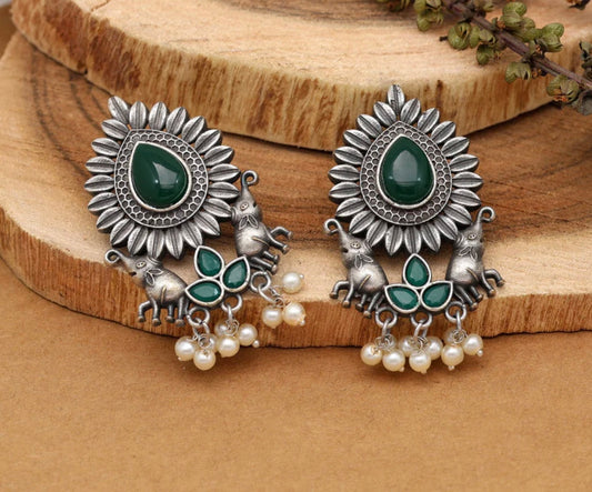 Bottle Green Color Monalisa Stone Oxidised Earrings