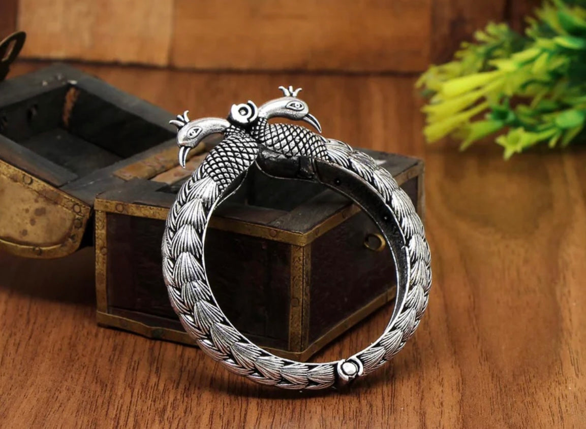 Silver Color Oxidised Bracelet ~ Peacock Design