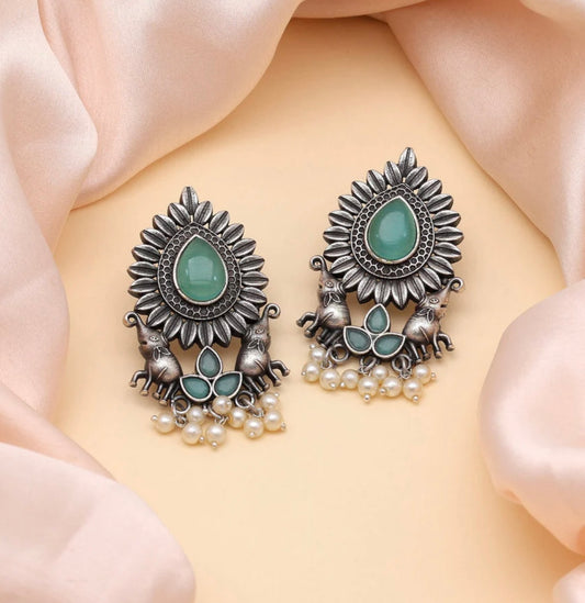 Green Color Monalisa Stone Oxidised Earrings