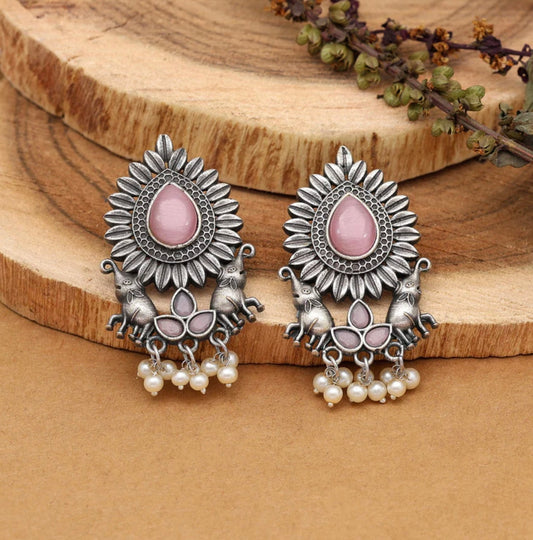 Pink Color Monalisa Stone Oxidised Earrings