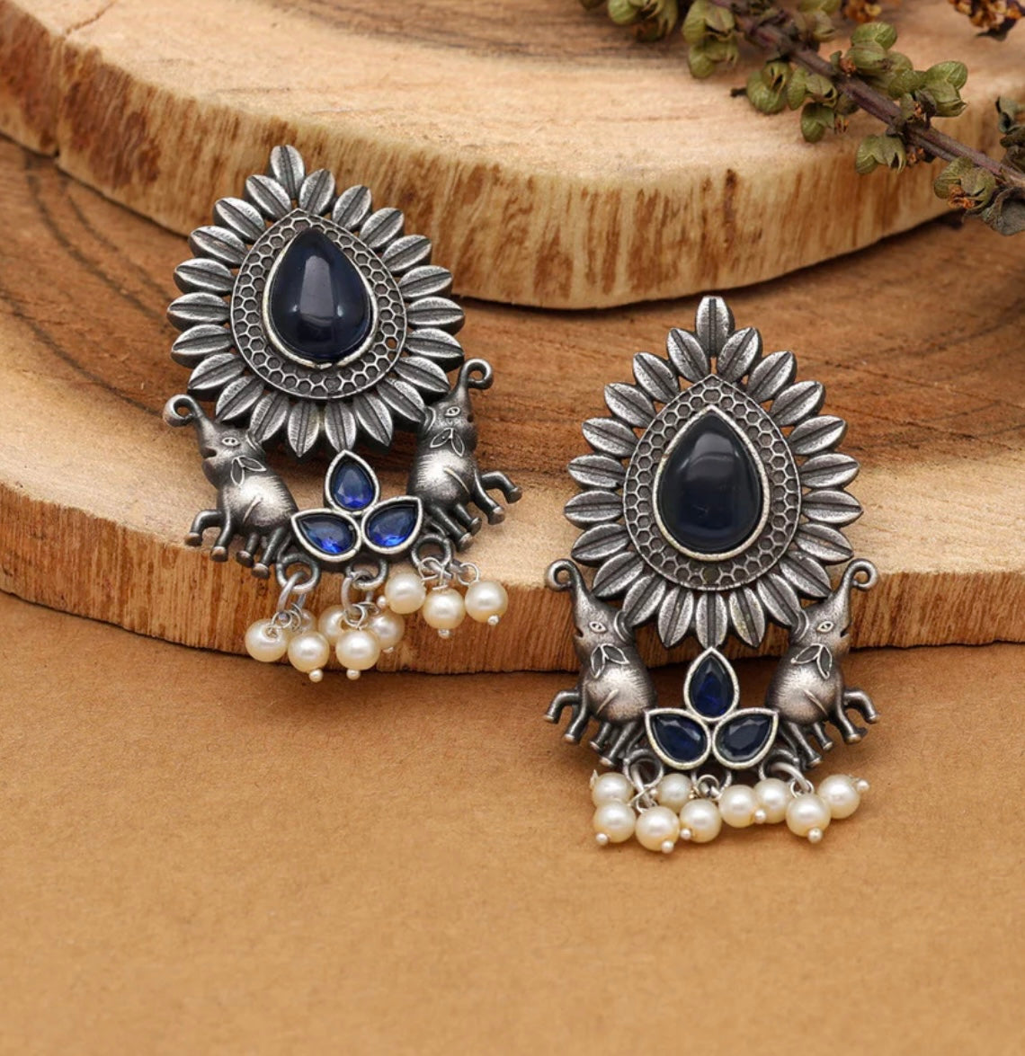 Blue Color Monalisa Stone Oxidised Earrings